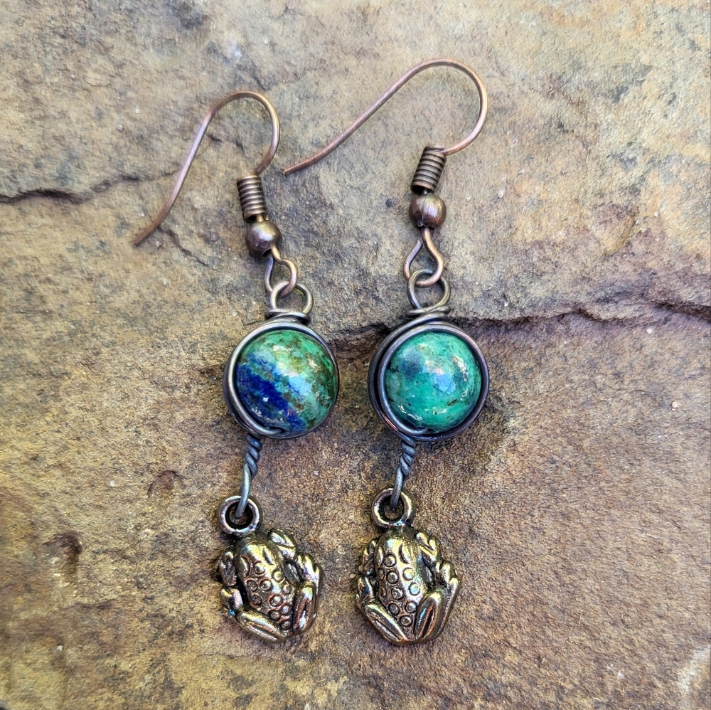Chrysocolla Stone Beads & Frog Charm Earrings